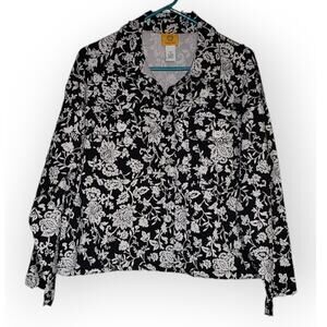 Ruby Rd. Plus Size 14 Jacket – Black & White Floral Stretch, Tie Waist, Pockets